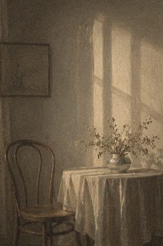 Pintura de un interior con silla, mesa y jarrón de flores a contraluz