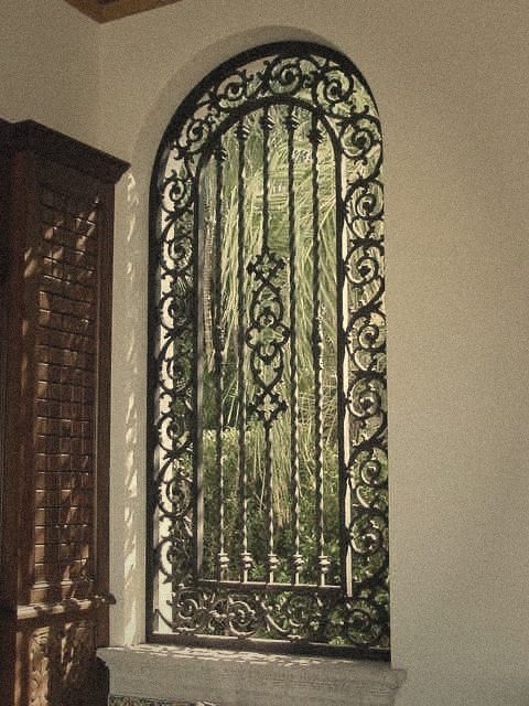 Fotografía de una reja de hierro forjado con vegetación al fondo