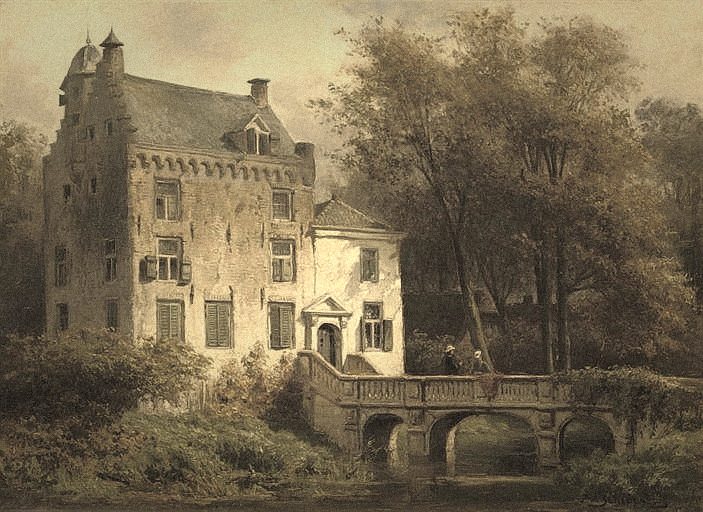 Pintura de una casa señorial junto a un puente de piedra