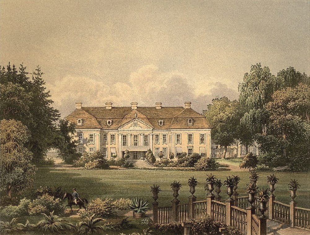 Pintura de una residencia con jardín y barandal ornamentado